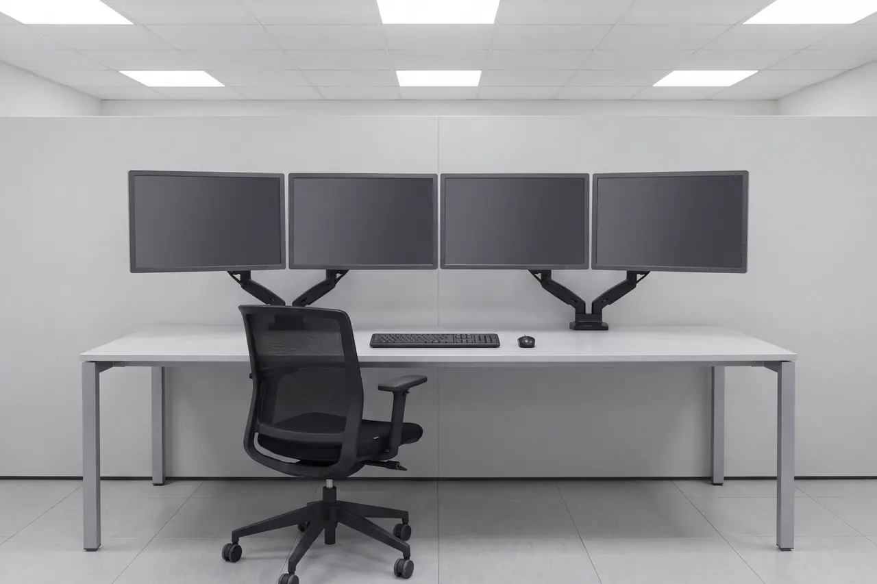 Unbesetzter Arbeitsplatz im Leitstand: ein heller Tisch mit vier baugleichen Bildschirmen an gleichen Halterungen in einer Reihe, alle ausgeschaltet. Davor ein einzelner Netzstuhl, auf dem Tisch nur Tastatur und Maus; die Wand dahinter ist schmucklos hell.