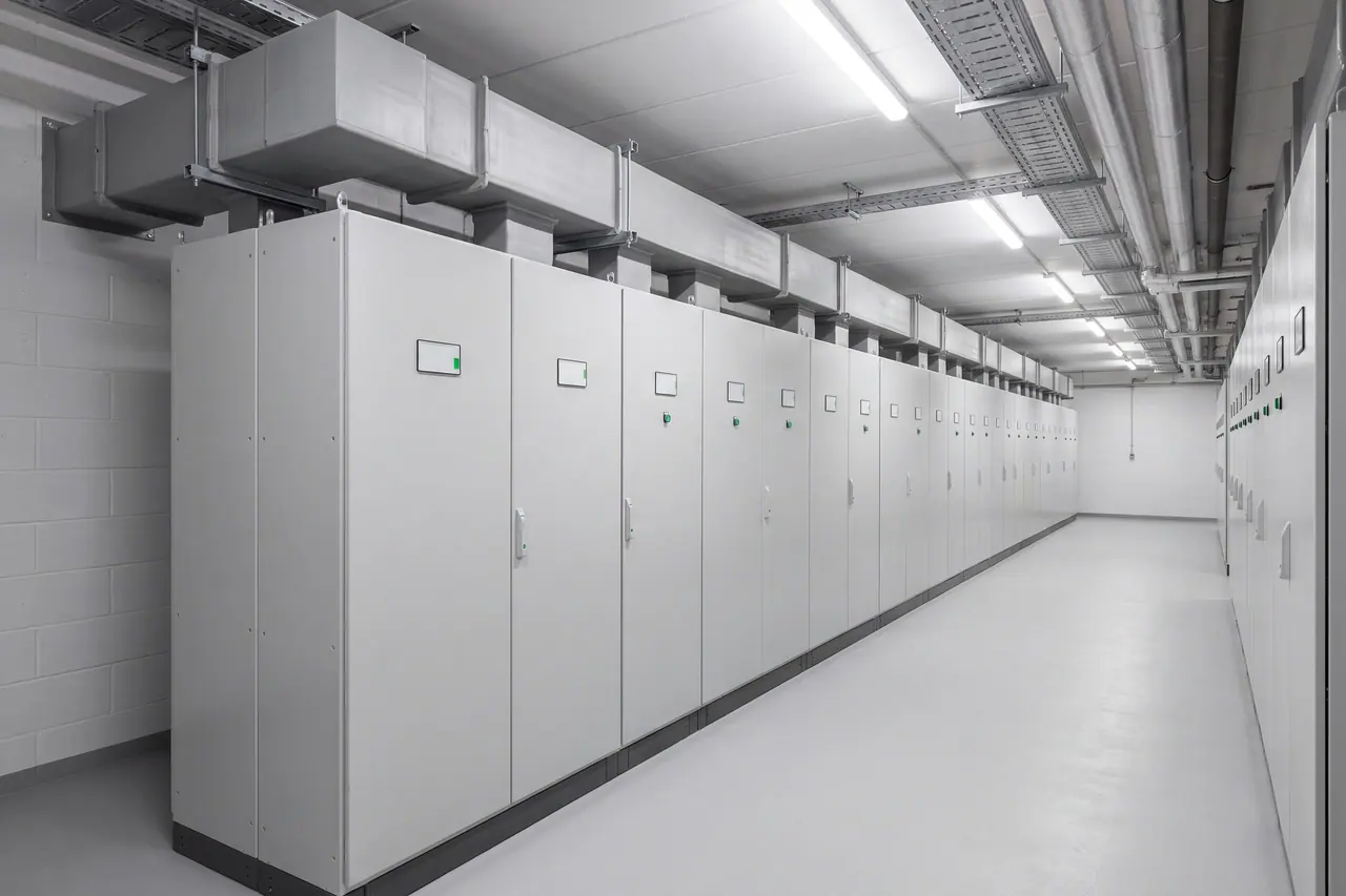 View across a switch room: a continuous row of identical light grey switch panels on the wall, each with a closed door, the same handle and a small indicator panel. A duct in the same colour runs above the row; the aisle in front is empty and the room is evenly lit from one end to the other.