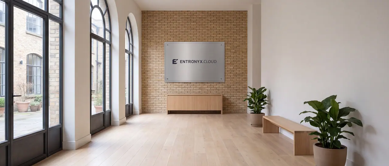 View through the entrance hall of an office floor in a brick building: on the left a row of high arched windows in narrow dark steel frames facing a courtyard, on the right a smooth light wall with a bench and two green plants. At the head of the hall is a light brick wall with a brushed aluminium plaque bearing the ENTRONYX CLOUD wordmark; below it a low sideboard made of light oak.