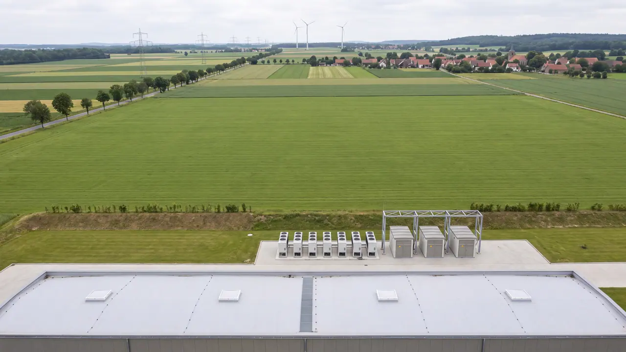 Aerial shot over flat farmland under an overcast sky. In the lower quarter is the flat roof of a long windowless hall with light-coloured roofing membrane, skylights and a walkway; behind it on a concrete apron a row of identical dry coolers and three transformer stations with louvred doors under a lattice mast. Above that a single mown field, then strip fields, an avenue, an overhead power line, a village with a red tiled roof and church tower, three wind turbines and a wooded ridge on the horizon.