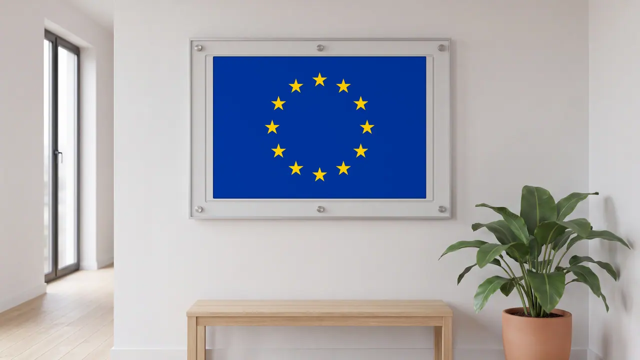Emailleschild an einer hellen Flurwand: in einem schmalen Aluminiumrahmen auf Abstandhaltern die Flagge der Europäischen Union — zwölf goldene, aufrecht stehende Sterne im Kreis auf blauem Grund. Darunter steht eine schlichte Bank aus heller Eiche, rechts daneben eine Grünpflanze im Tontopf; links öffnet sich der Flur zu einem Fenster.