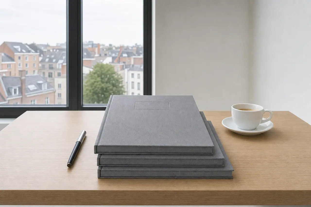 Three bound reports with grey linen covers lie slightly offset in a stack on a light oak desk; on the cover of the top one is an empty blind embossing. To the left lies a closed black fountain pen with a steel cap, to the right sits a white cup on a saucer. In the blurred background, a window in a dark frame overlooking the roofs of a city under an overcast sky, to the right a smooth light wall.