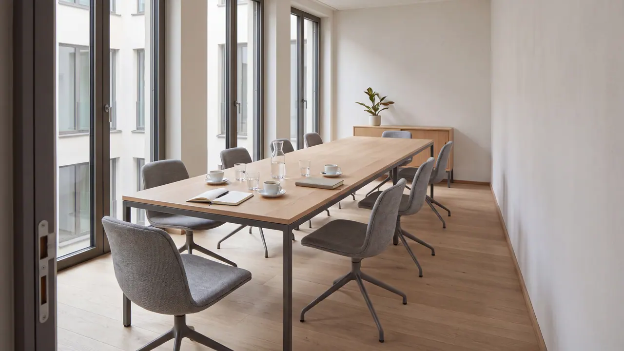 Besprechungsraum mit einem langen Tisch aus heller Eiche auf schlanken dunklen Stahlbeinen und gleichen grau gepolsterten Drehstühlen auf Vierstern-Fuß; einer davon ist zurückgeschoben und aus der Reihe gedreht. Am vorderen Tischende stehen Tassen auf Untertassen, eine Glaskaraffe und zwei Gläser, daneben liegt ein aufgeschlagenes, unbeschriebenes Notizbuch mit einem Stift im Bund. Links eine Fensterzeile zum Innenhof, rechts eine glatte helle Wand.
