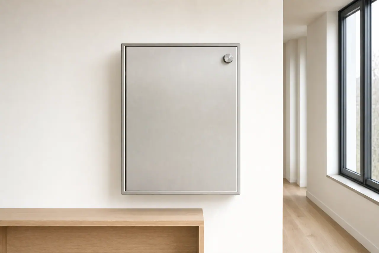 Closed key cabinet made of brushed stainless steel on a light wall: a smooth, unlabelled door in a narrow frame with a round knob on the top right. Below to the left is a light oak console, to the right the corridor opens to a high window in a dark frame; the floor is light oak parquet.