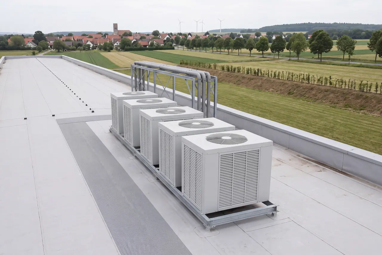 View from above over the flat roof of a long hall with a light grey roofing membrane: five identical light grey dry coolers with slatted fronts and round fan grilles in a row on a galvanised steel frame, behind them a lattice mast with insulated pipes. Beyond the parapet an earth mound with a young row of hedges, fields, an avenue, a village with red tiled roofs and a church tower, three wind turbines and a wooded ridge under an overcast sky.