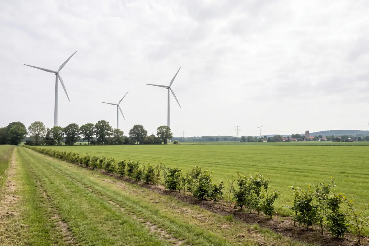 Flaches Ackerland bei bedecktem Himmel, von einem Feldweg aus gesehen: vorn ein gemähter Grasweg an einem niedrigen Erdwall mit junger Heckenreihe, dahinter ein grüner Schlag bis zu einer Baumreihe. Links darüber drei weiße Windräder, rechts in der Ferne eine Freileitung, ein Dorf mit Kirchturm und ein bewaldeter Höhenzug.