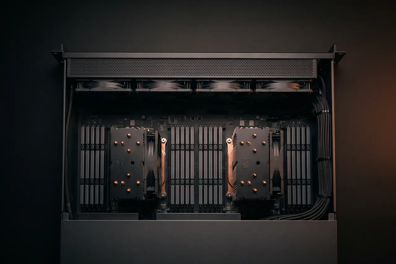 Opened node vertically from above: two processor sockets under identical cooling towers, all memory banks populated, behind them a row of fans behind a black air duct.