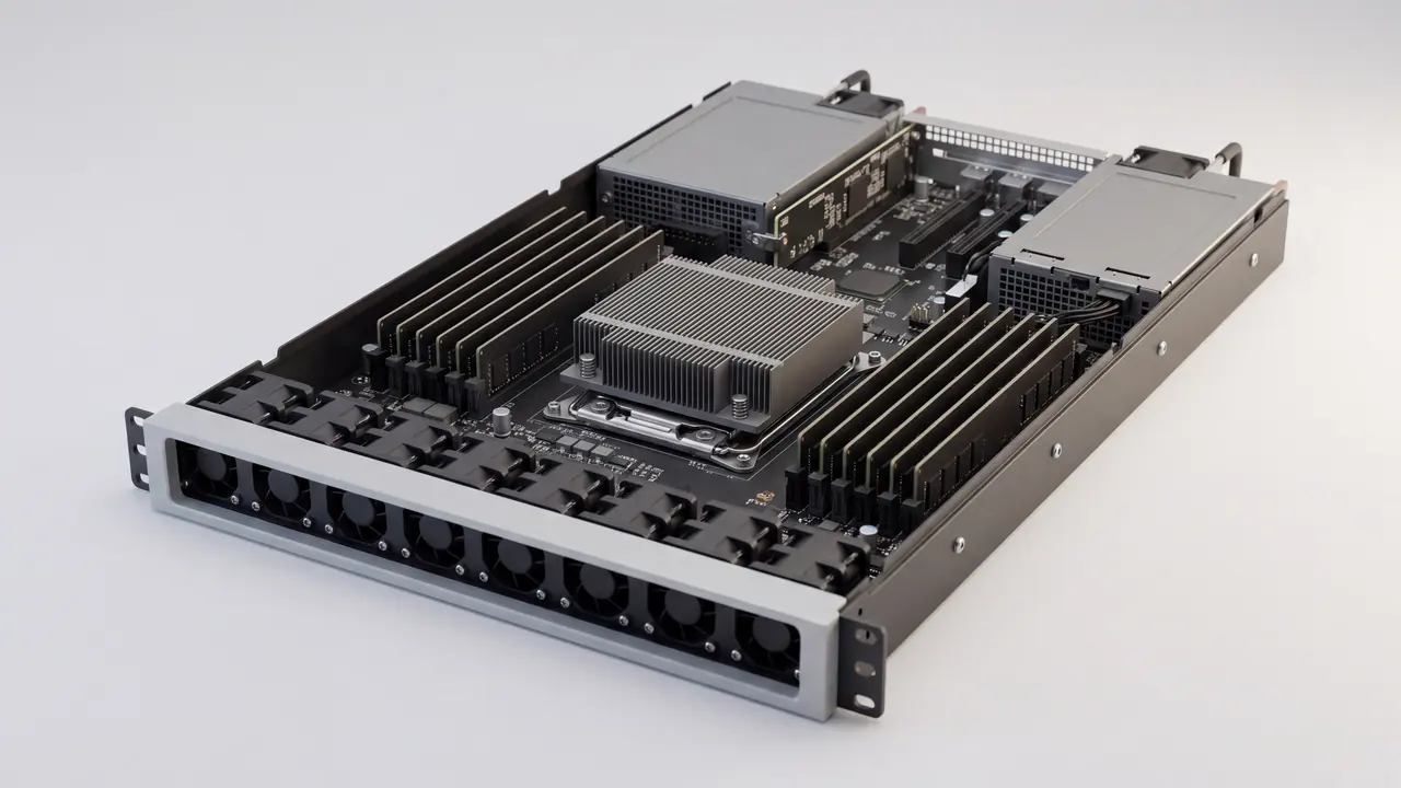 Flacher Rackserver ohne Deckel, schräg von vorn oben: mittig ein einzelner Kühlkörper auf dem einzigen Prozessorsockel, links und rechts davon Reihen von Speicherriegeln, vorn eine Reihe kleiner Lüfter, hinten die Netzteile.