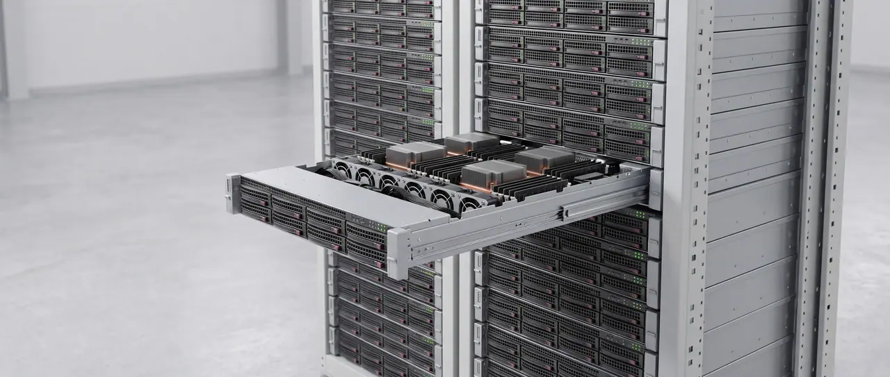Vom Boden bis oben bestückter hellgrauer Serverschrank in einer leeren, hellen Halle; ein Server ist auf Teleskopschienen ein Stück herausgezogen und zeigt ohne Deckel Lüfterreihe und Kühlkörper.