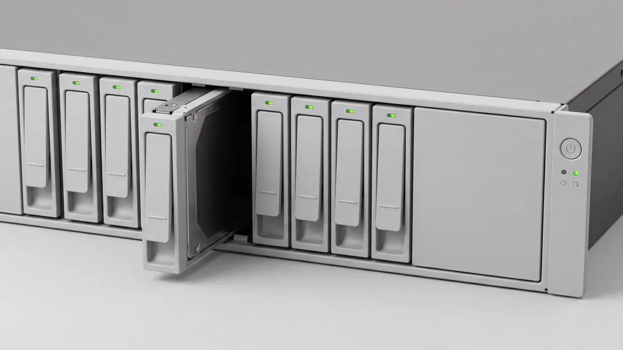 Front eines hellgrauen Rackservers: eine Reihe gleicher Laufwerksträger mit grünen Statusleuchten, einer davon ein Stück herausgezogen, sodass das Laufwerk darin zu sehen ist; rechts daneben der Einschaltknopf.