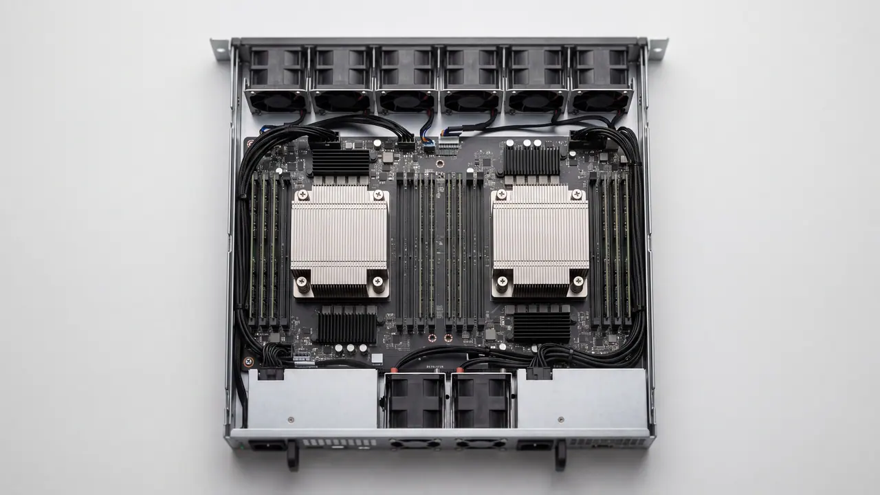 Geöffneter Rackserver senkrecht von oben: zwei Kühlkörper auf ihren Prozessorsockeln, daneben und dazwischen voll bestückte Speicherbänke, oben eine Reihe aus sechs Lüftern, unten die Netzteile an der Rückseite.
