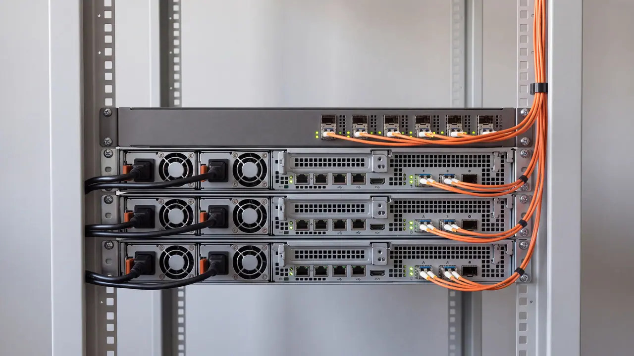 Rückseiten dreier baugleicher Server übereinander in einem hellen Schrank; von jedem führen zwei orangefarbene Glasfaserkabel nach oben zum selben Switch, an den Anschlüssen leuchten grüne Lämpchen.