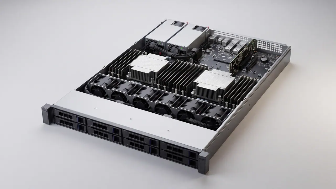 Geöffneter Server mit zwei Höheneinheiten von schräg oben auf hellem Grund: zwei Kühlkörper auf ihren Sockeln, daneben die Reihen der Speicherriegel, davor eine Lüfterwand, hinten zwei Netzteile, vorn die Laufwerkseinschübe.