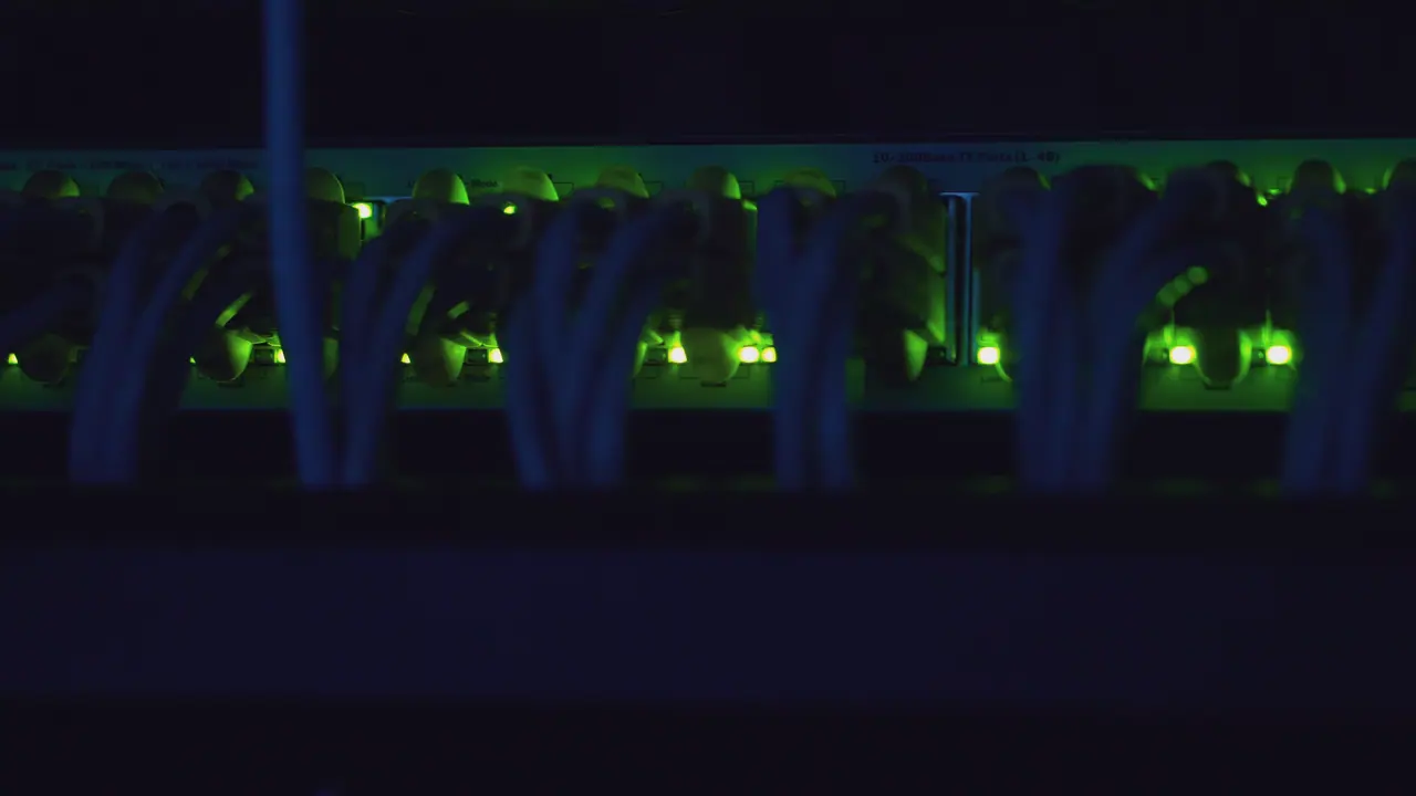 Close-up of a network switch in the server cabinet: densely plugged blue cables and glowing green status lights on the ports.